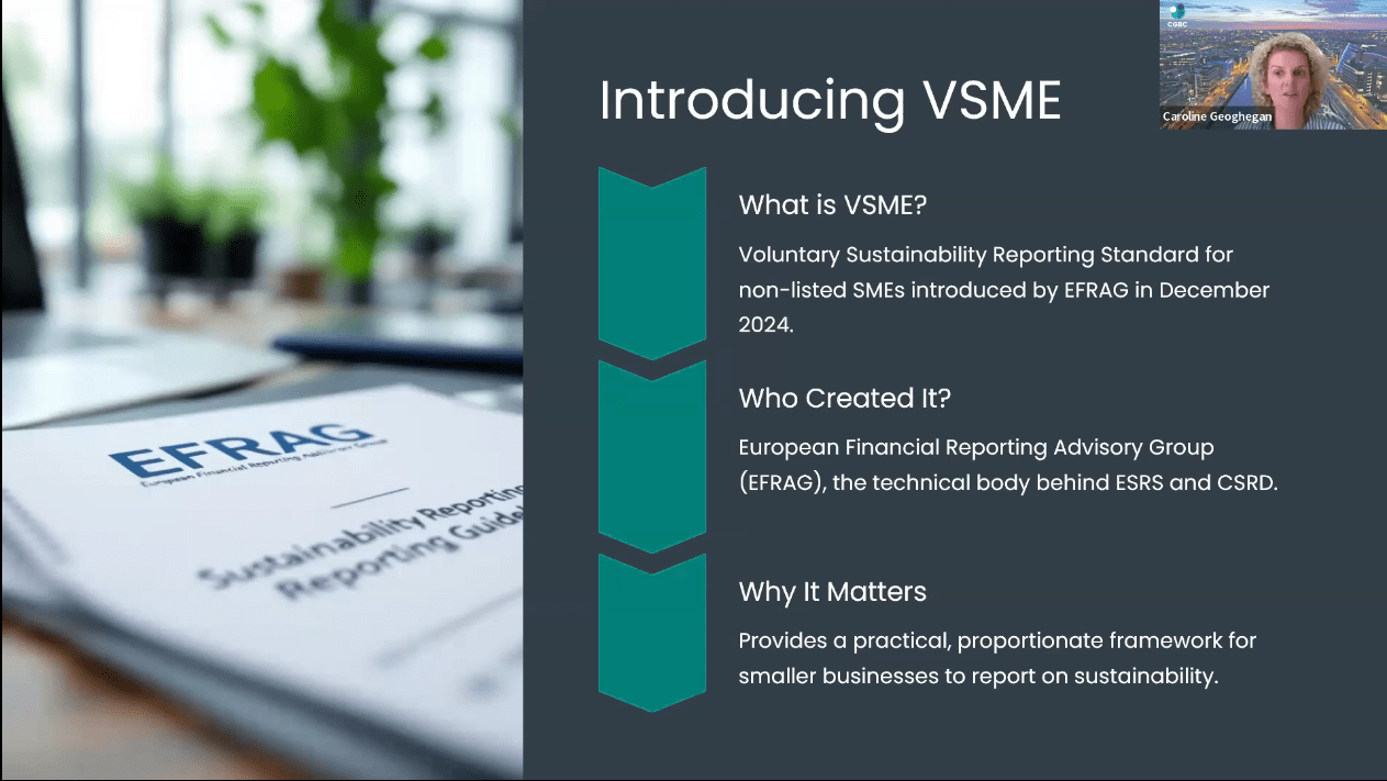 A poster for the webinar Sustainability Reporting for SMEs, CGBC & EI Clients